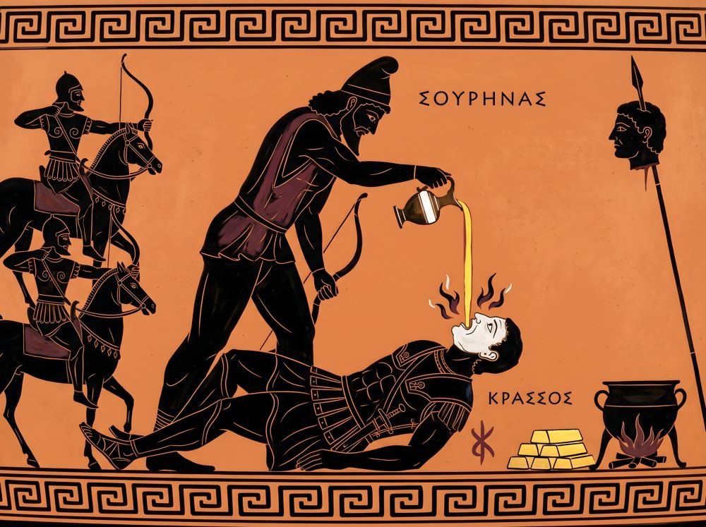 Crassus Gets Paid Poster | Carrhae 53 BC Greek Vase Art | Surena Molten Gold | Parthian Victory | Roman History Meme Wall Art