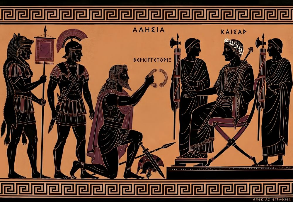 Alesia Poster | Vercingetorix Surrenders to Caesar 52 BC | Greek Vase Art | Gallic Wars | Roman History Meme Wall Art