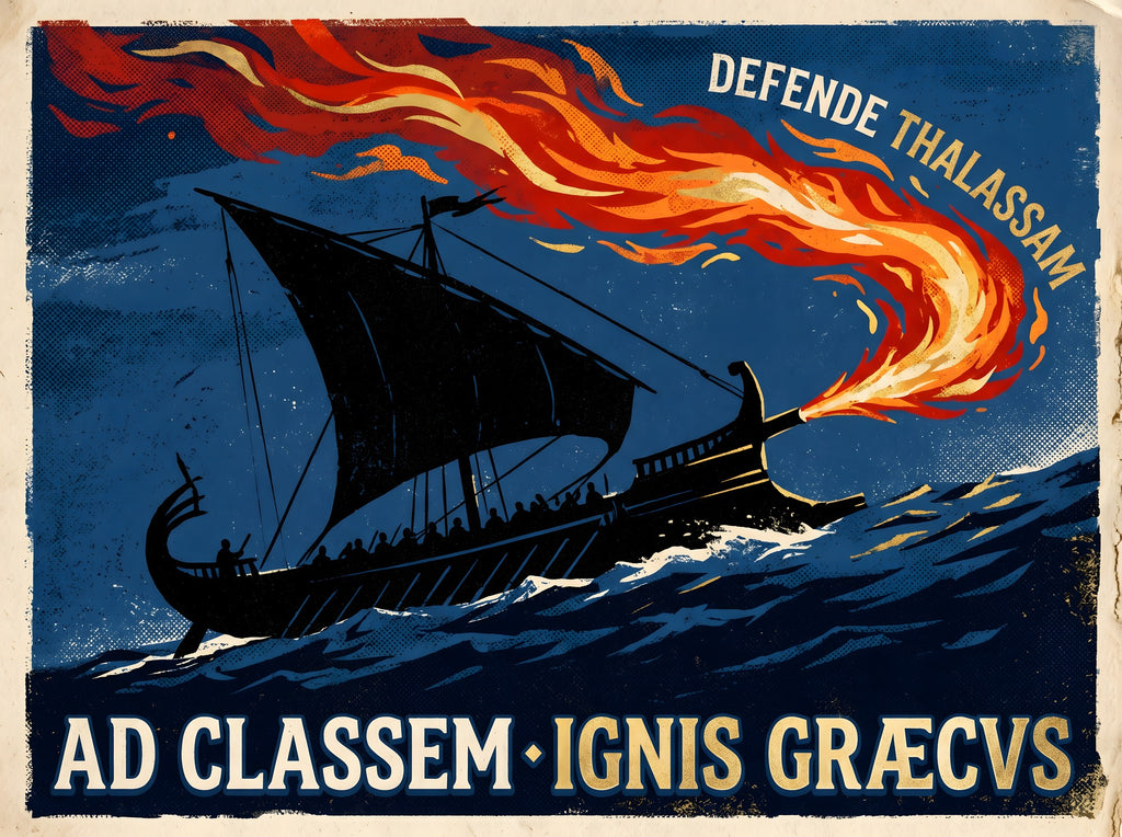 Greek Fire Poster | Ad Classem Ignis Graecvs | Byzantine Navy Latin Wall Art | Vintage Byzantium Ship Print