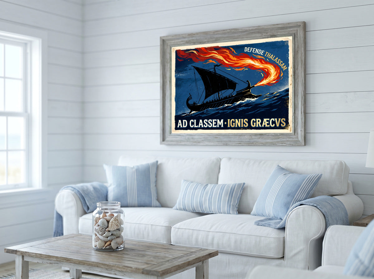Greek Fire Poster | Ad Classem Ignis Graecvs | Byzantine Navy Latin Wall Art | Vintage Byzantium Ship Print