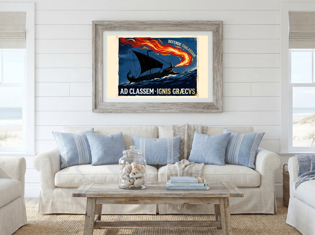 Greek Fire Poster | Ad Classem Ignis Graecvs | Byzantine Navy Latin Wall Art | Vintage Byzantium Ship Print