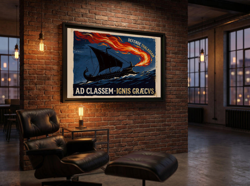 Greek Fire Poster | Ad Classem Ignis Graecvs | Byzantine Navy Latin Wall Art | Vintage Byzantium Ship Print