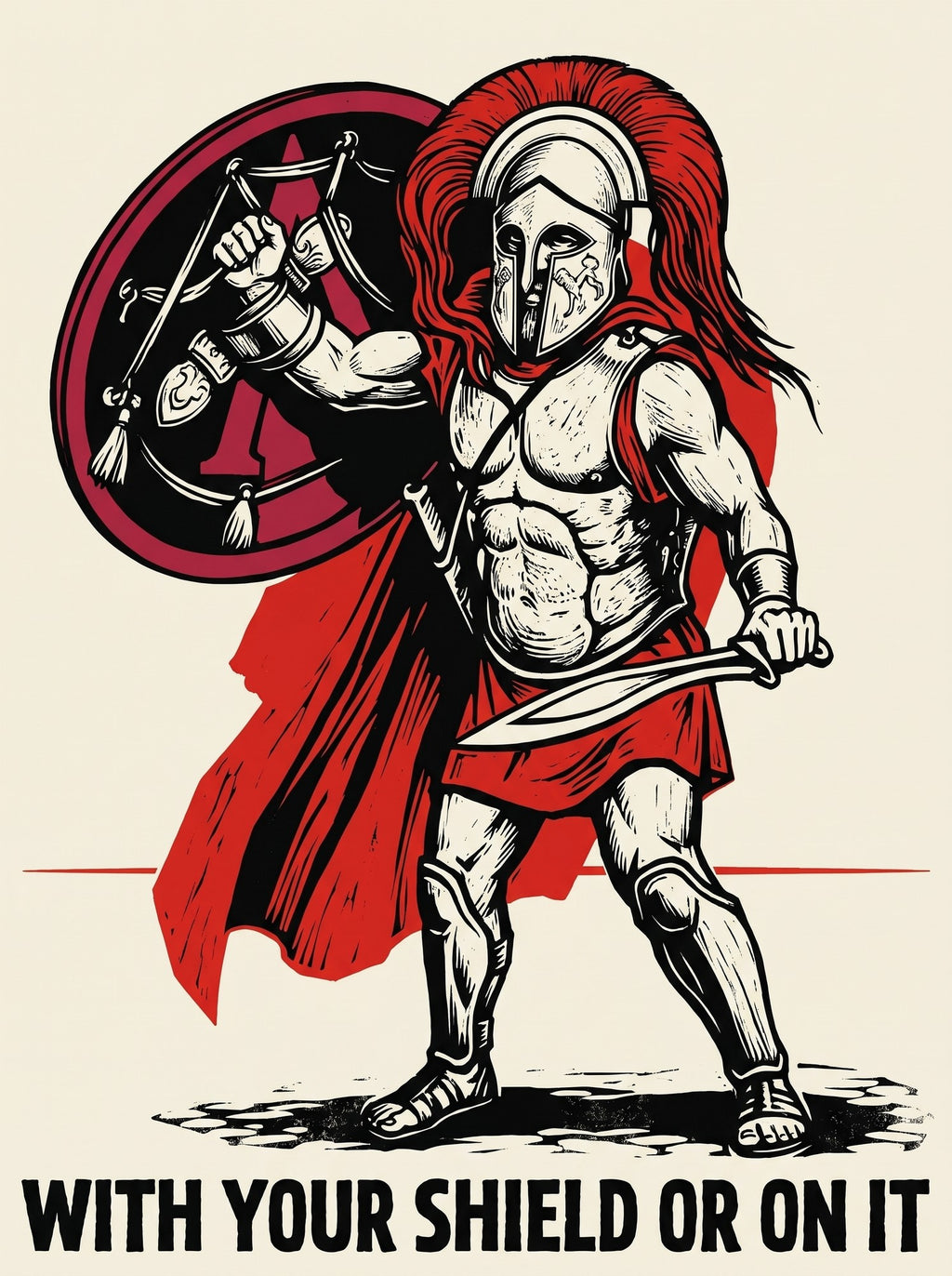 With Your Shield or On It | Spartan Mother Quote Poster | Block Print Propaganda Wall Art | Ancient Greek History Print | Hoplite Warrior
