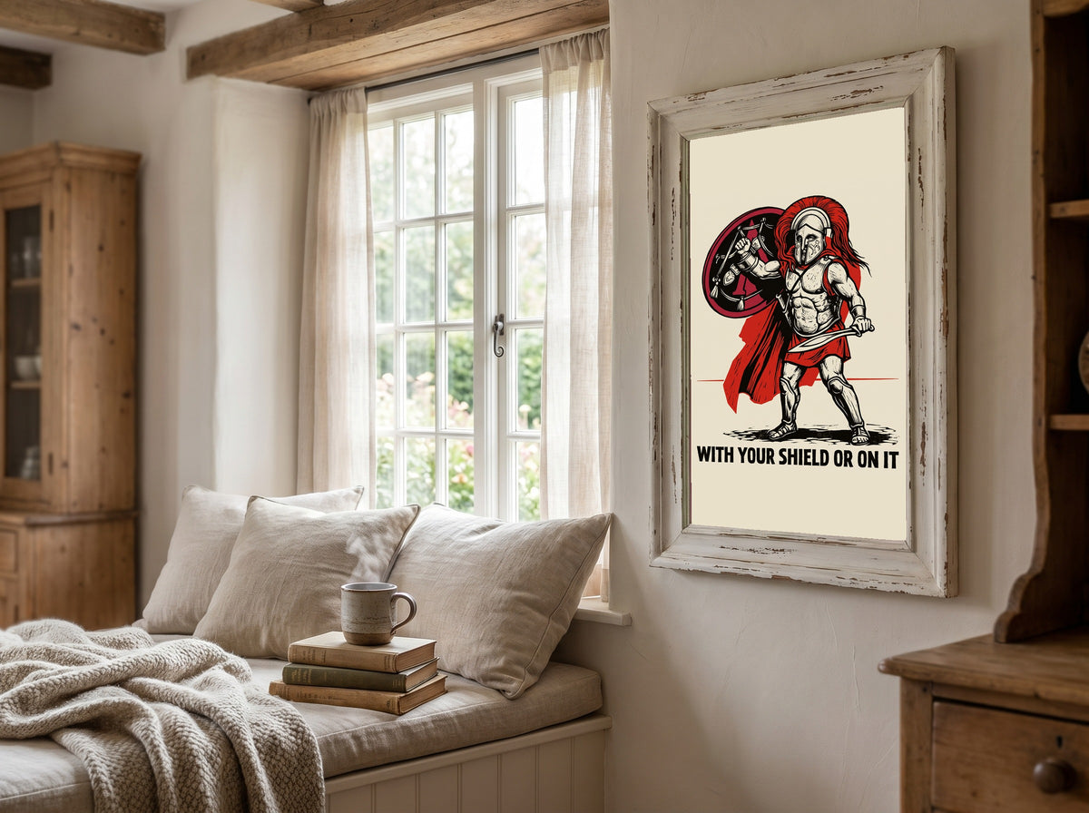 With Your Shield or On It | Spartan Mother Quote Poster | Block Print Propaganda Wall Art | Ancient Greek History Print | Hoplite Warrior