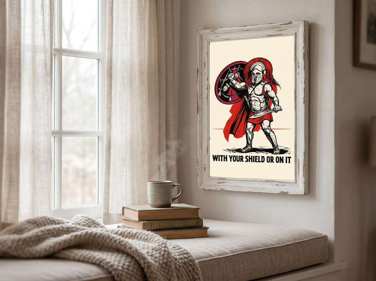With Your Shield or On It | Spartan Mother Quote Poster | Block Print Propaganda Wall Art | Ancient Greek History Print | Hoplite Warrior