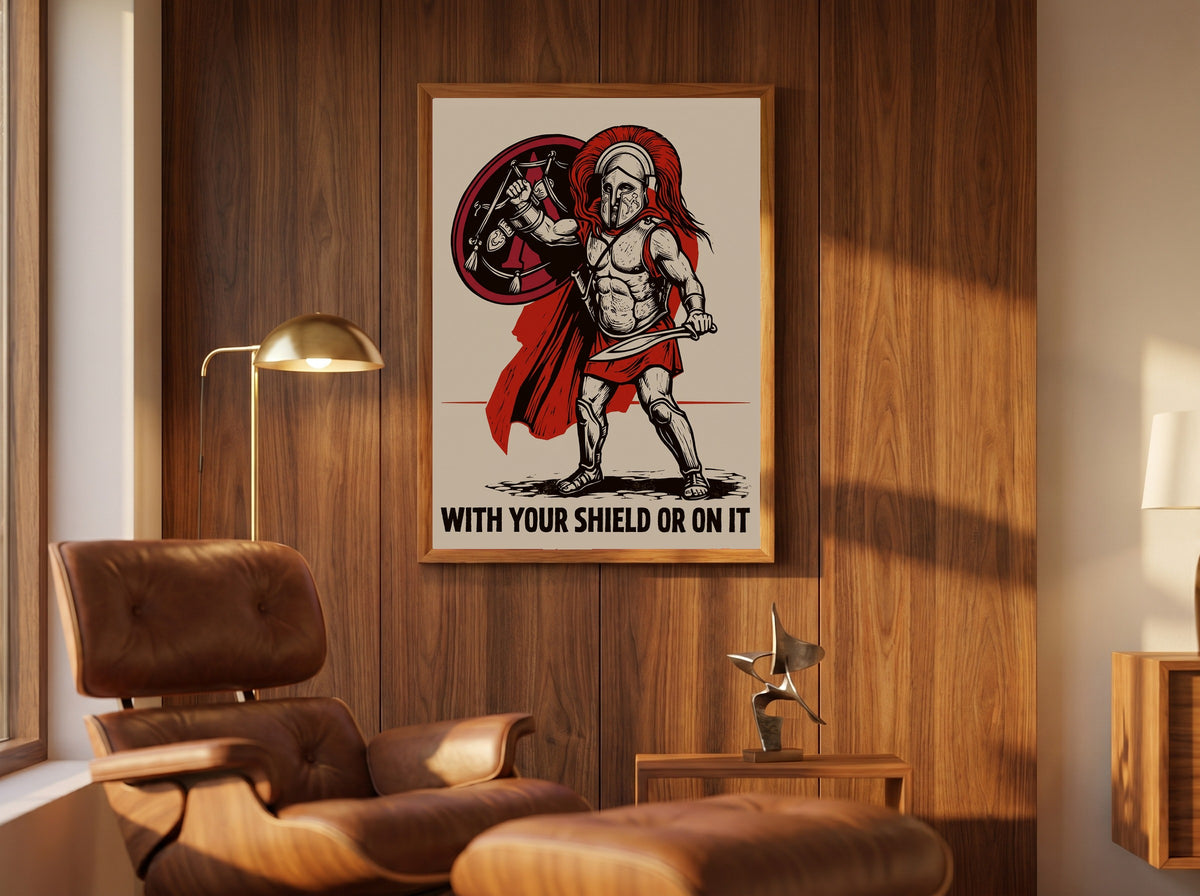 With Your Shield or On It | Spartan Mother Quote Poster | Block Print Propaganda Wall Art | Ancient Greek History Print | Hoplite Warrior