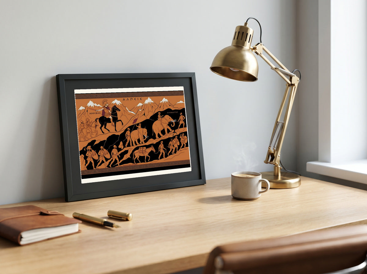 Hannibal Crosses the Alps Poster | 218 BC Second Punic War | Greek Pottery Style History Print | Classical Wall Art