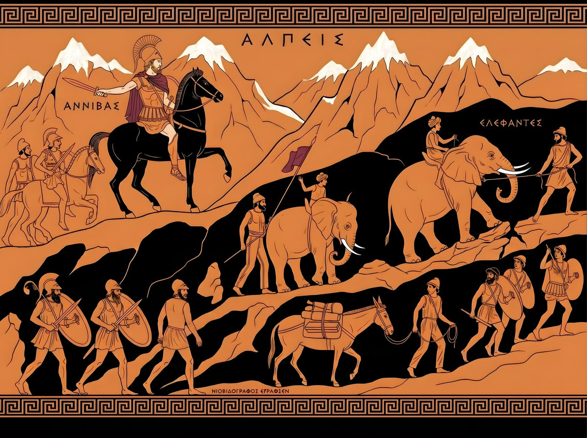 Hannibal Crosses the Alps Poster | 218 BC Second Punic War | Greek Pottery Style History Print | Classical Wall Art