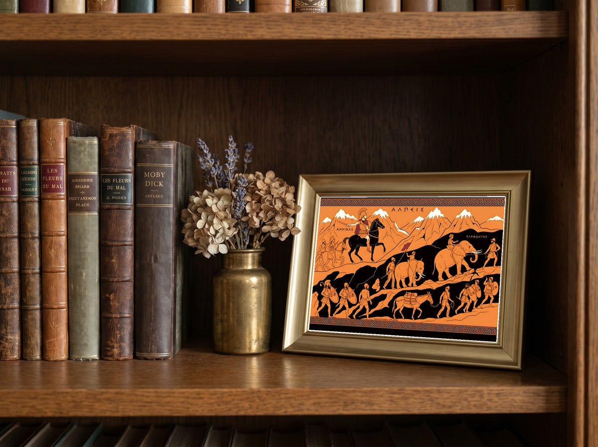 Hannibal Crosses the Alps Poster | 218 BC Second Punic War | Greek Pottery Style History Print | Classical Wall Art
