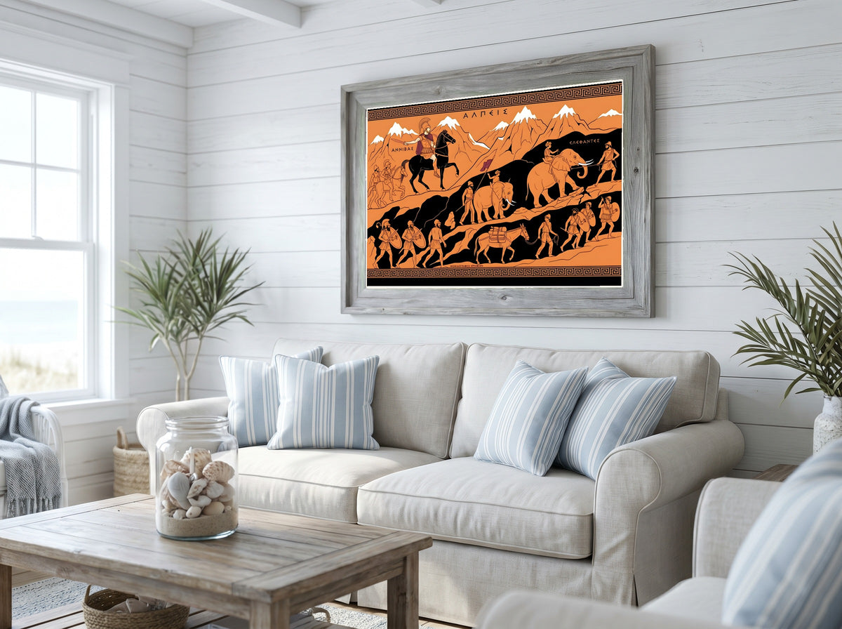 Hannibal Crosses the Alps Poster | 218 BC Second Punic War | Greek Pottery Style History Print | Classical Wall Art