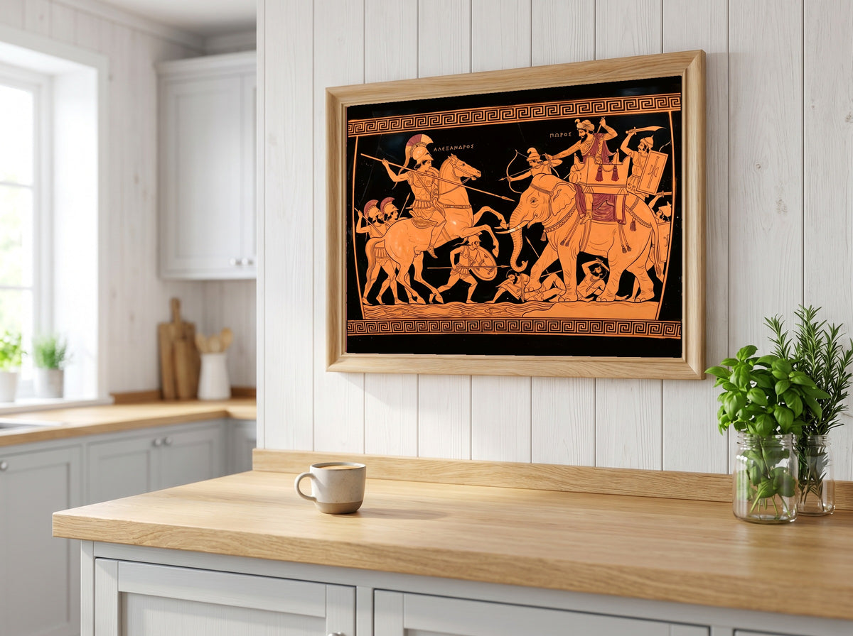 Alexander vs Porus Poster | Battle of the Hydaspes 326 BC | Greek Pottery Style History Print | Classical Wall Art