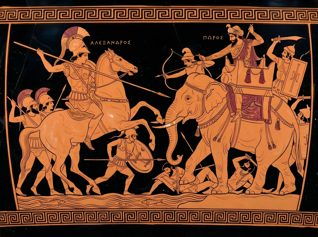 Alexander vs Porus Poster | Battle of the Hydaspes 326 BC | Greek Pottery Style History Print | Classical Wall Art