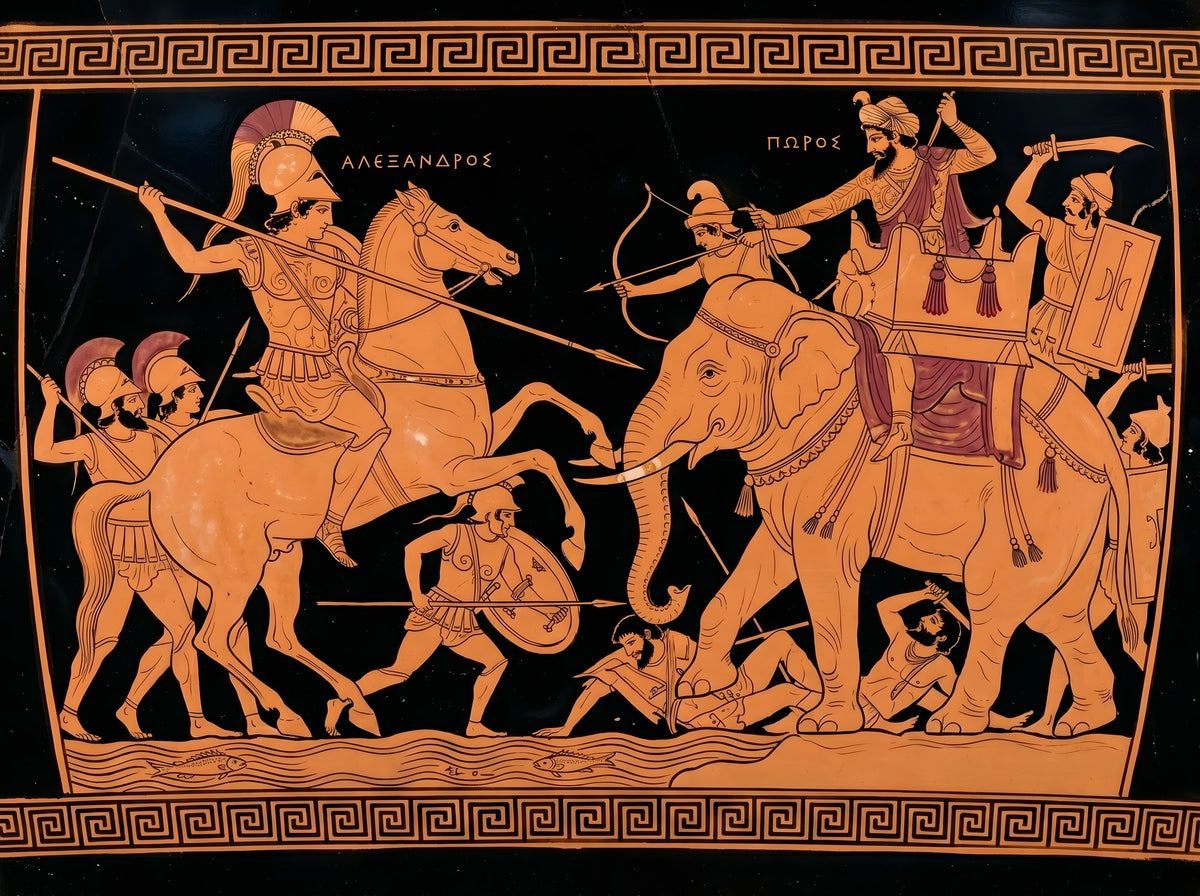Alexander vs Porus Poster | Battle of the Hydaspes 326 BC | Greek Pottery Style History Print | Classical Wall Art