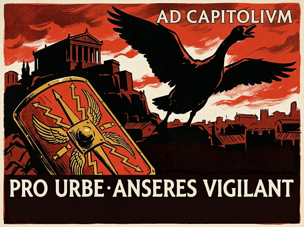 The Sacred Geese Poster | Anseres Vigilant 390 BC | Capitoline Geese Save Rome | WW2 Propaganda Parody | History Meme Wall Art