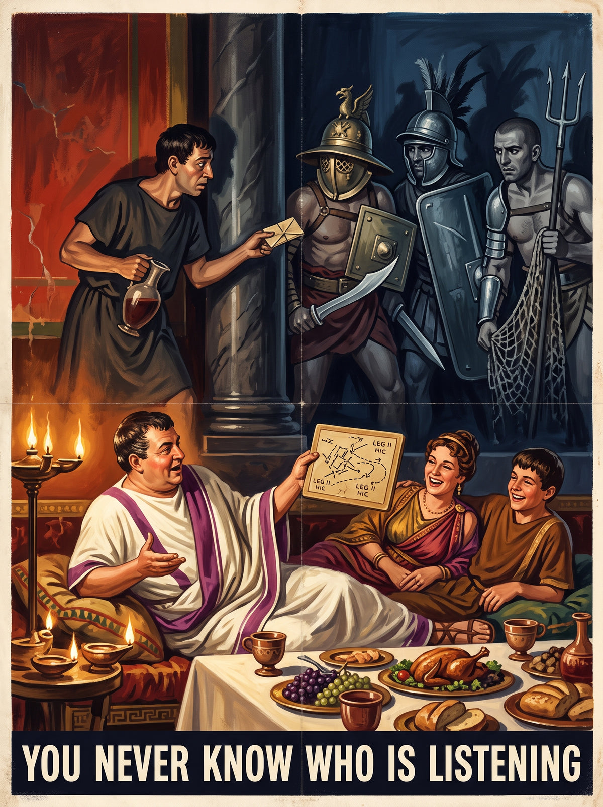 You Never Know Who Is Listening Poster | Roman Careless Talk Warning | Third Servile War 73 BC | Abram Games Art Deco Parody | History Meme Wall Art
