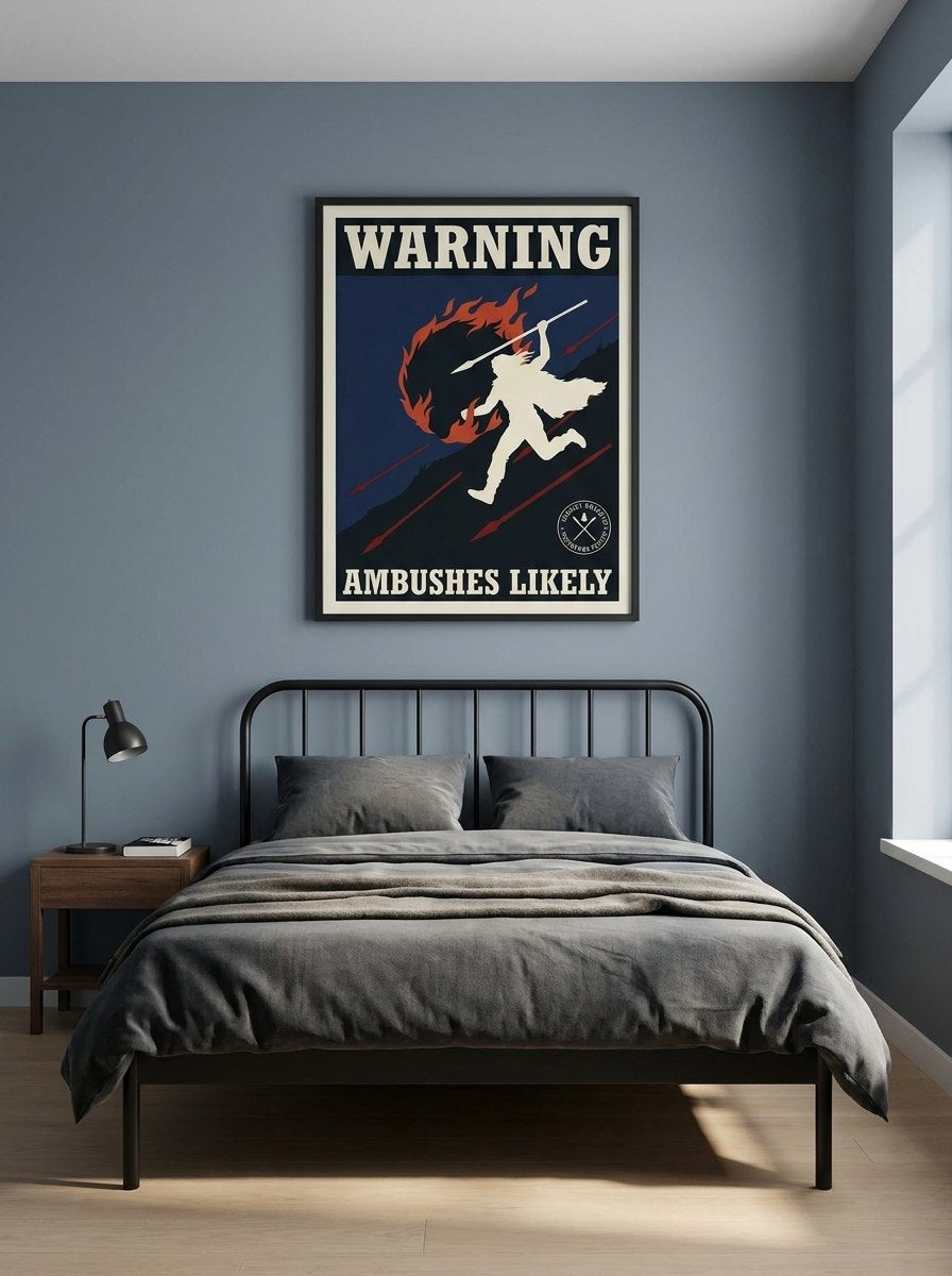 Ambushes Likely poster in a black frame in a bedroom