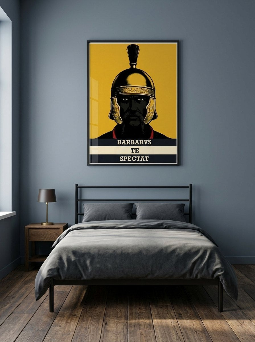 Barbarvs Te Spectat poster in a black frame in a bedroom