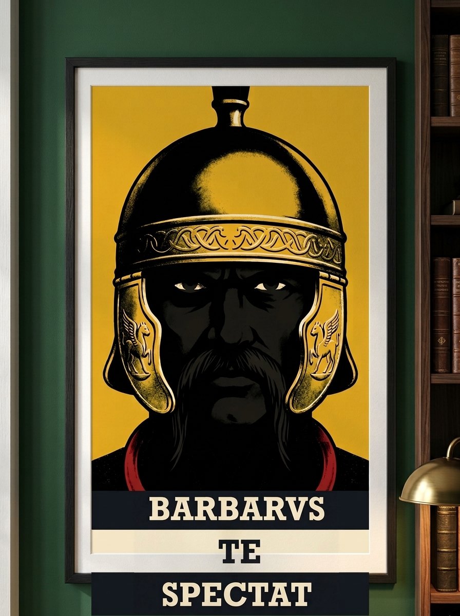 Barbarvs Te Spectat poster print in a black frame