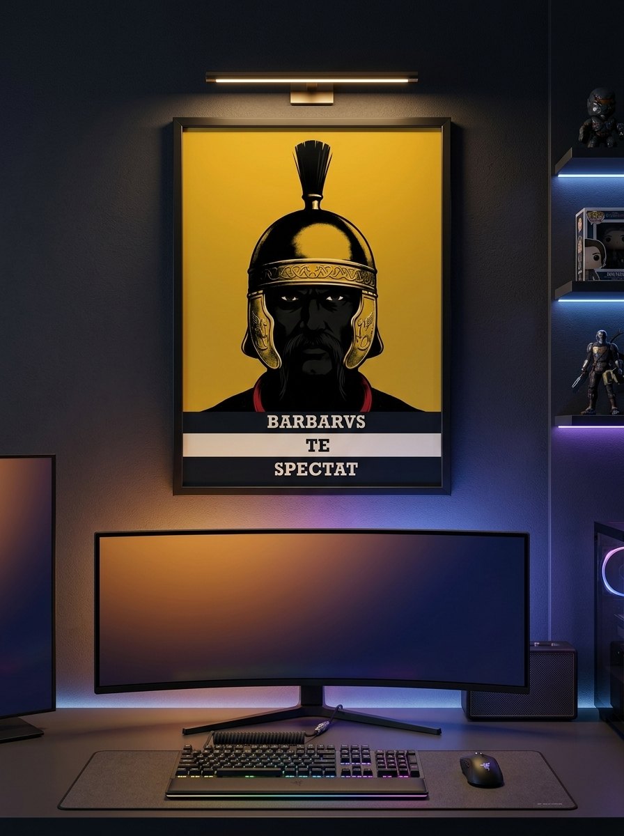 Barbarvs Te Spectat poster in a gaming room