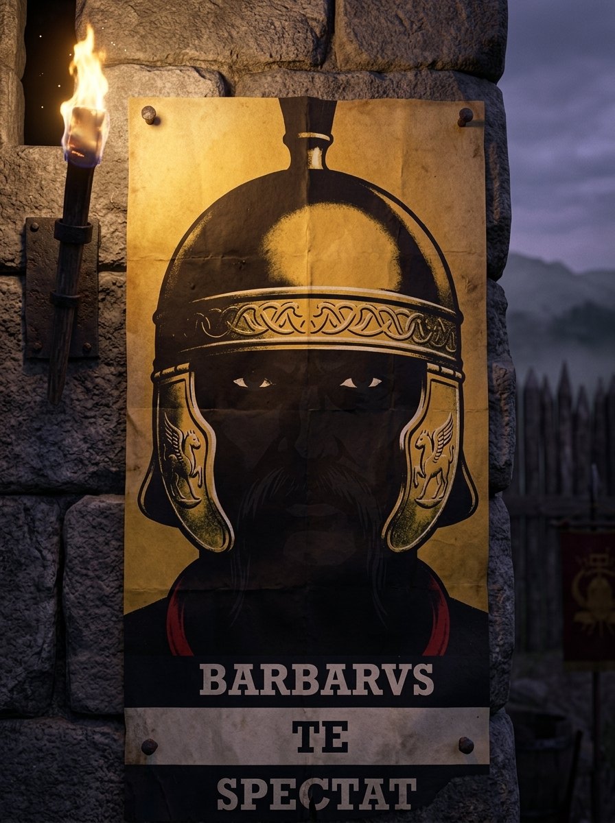 Barbarvs Te Spectat poster on a Roman watchtower