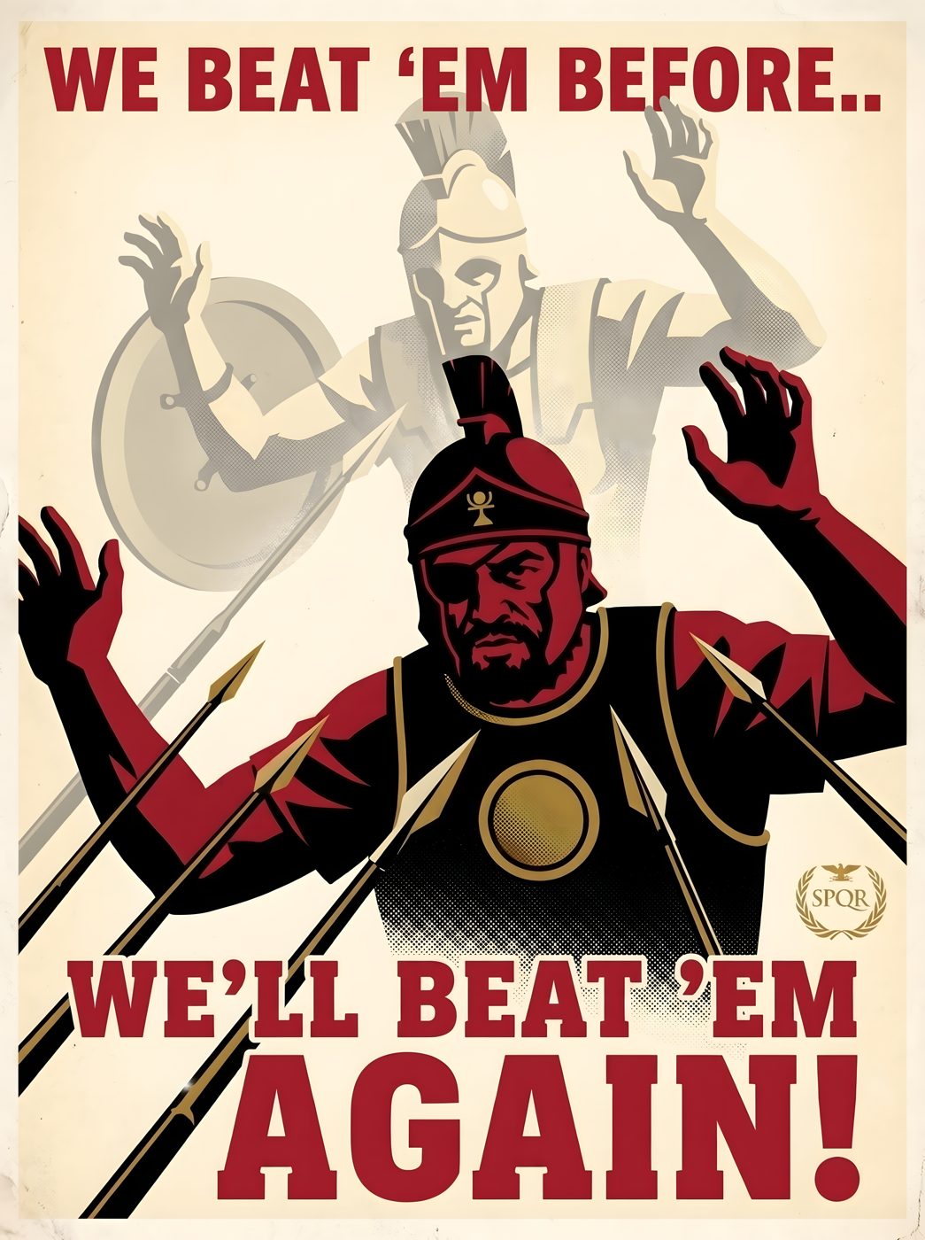 We Beat 'Em Before Poster | Punic Wars WW2 Propaganda Parody | Rome vs Carthage | SPQR Retro Wall Art | History Meme Print