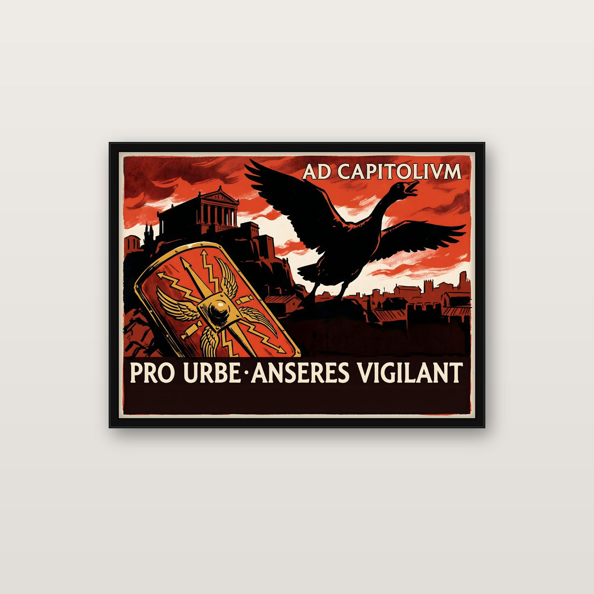 The Sacred Geese poster in a black classic frame on a wall