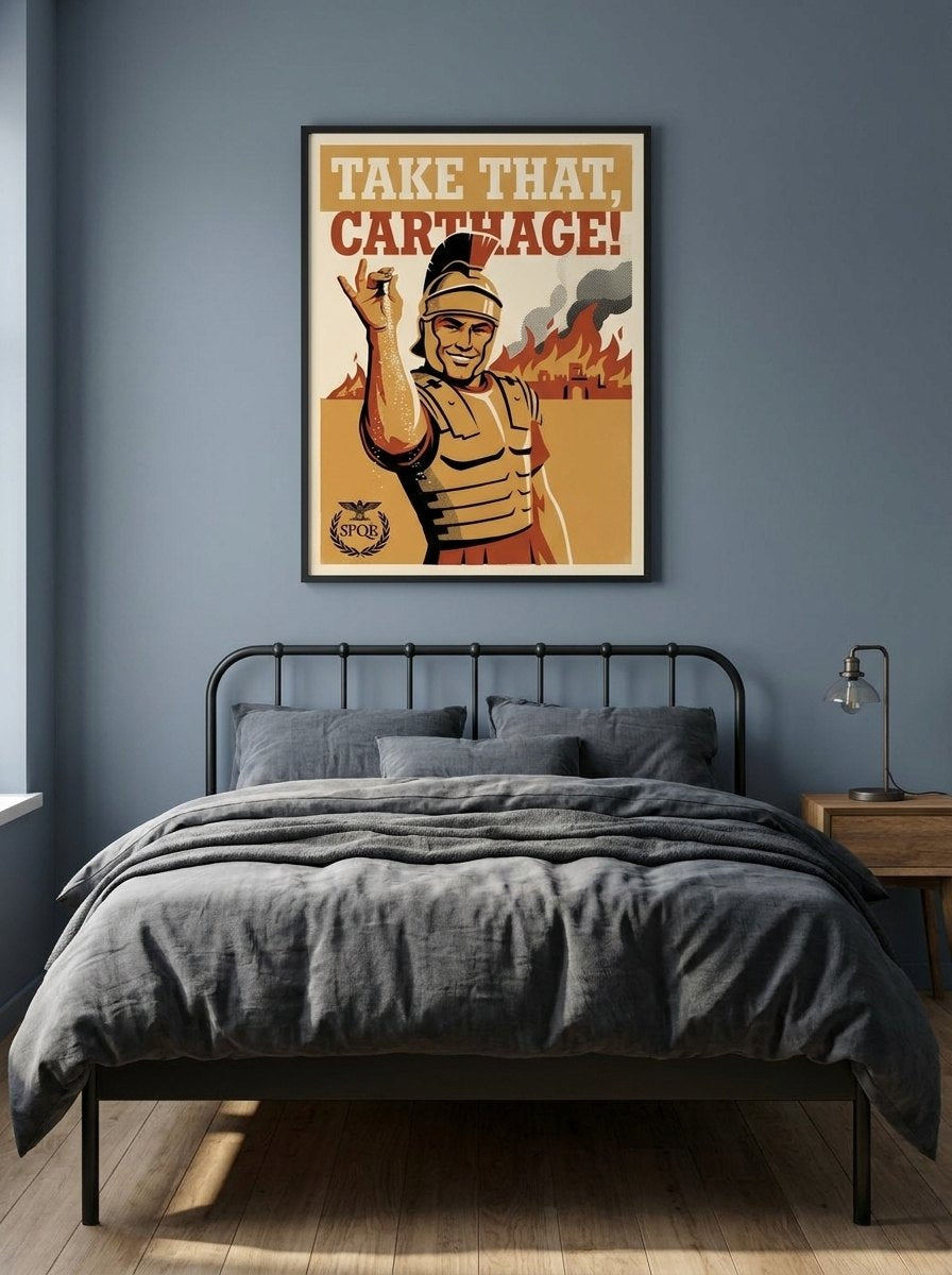 Take That Carthage poster in a black frame in a bedroom
