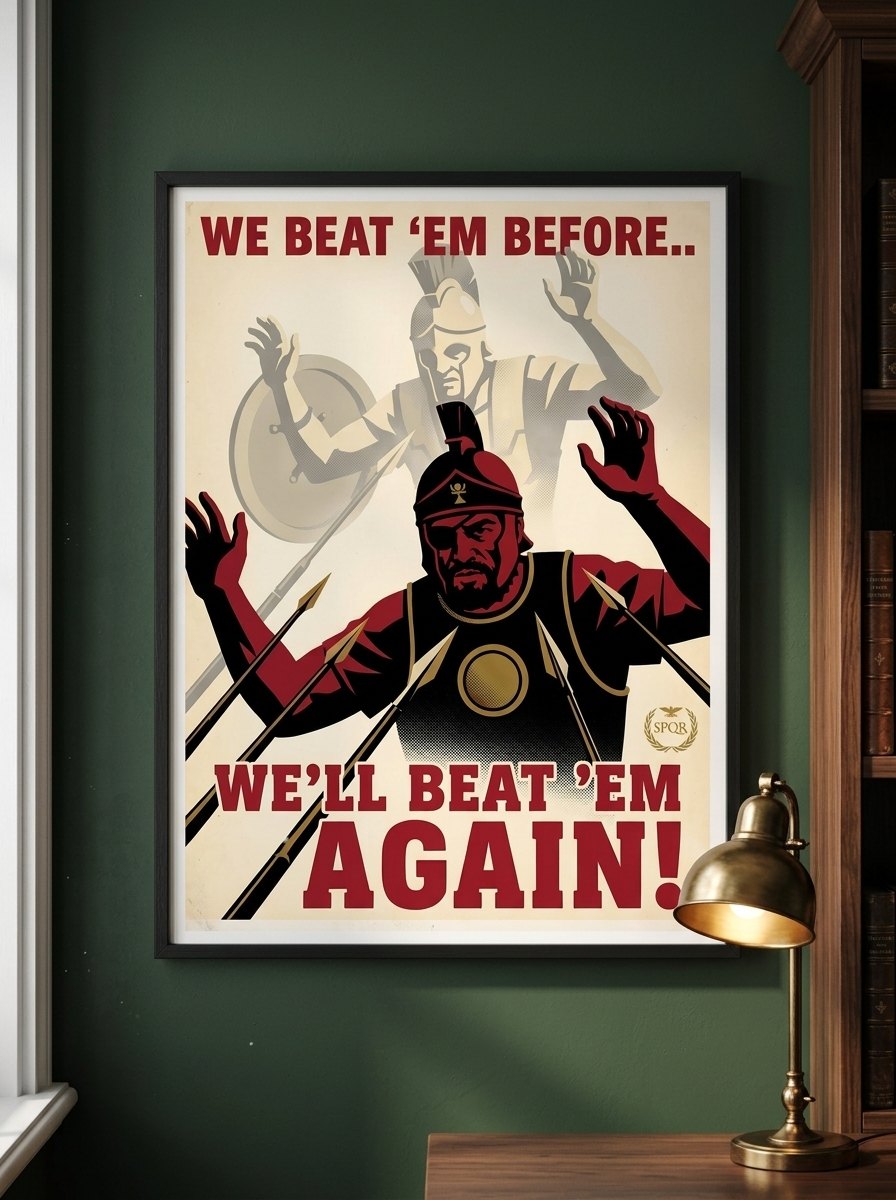We Beat 'Em Before poster print in a black frame