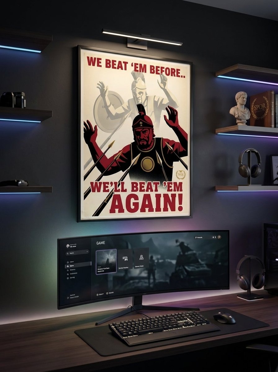 We Beat 'Em Before poster in a gaming room